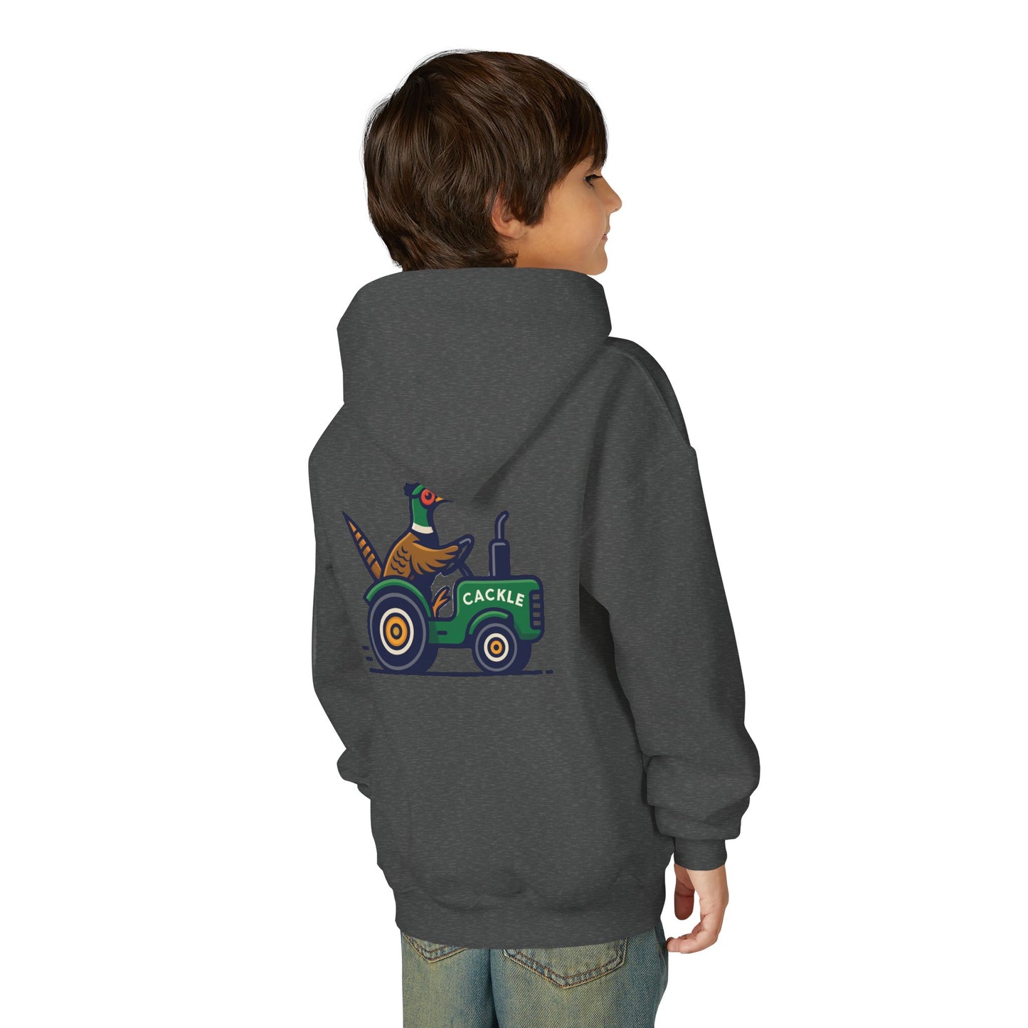 Youth Hoodie – Pheasant on Green Tractor “Cackle” Graphic