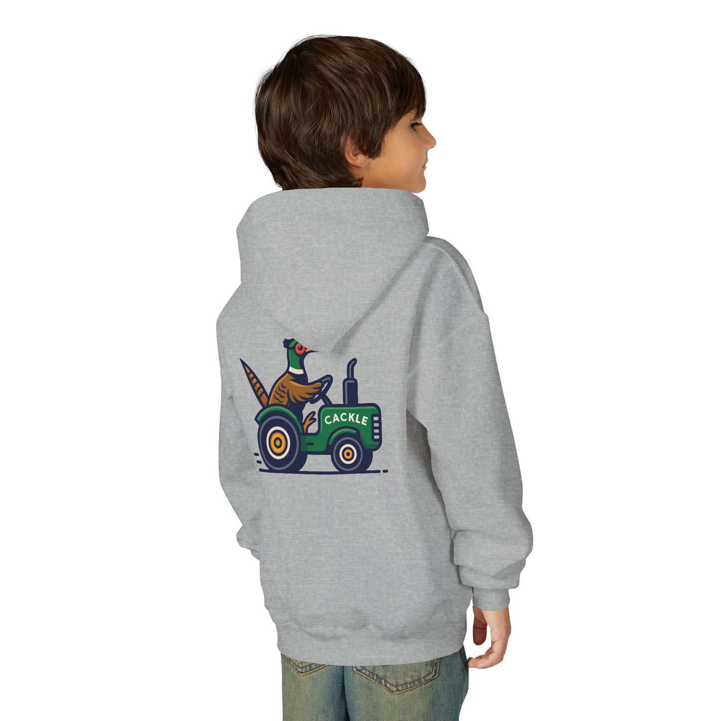 Youth Hoodie – Pheasant on Green Tractor “Cackle” Graphic