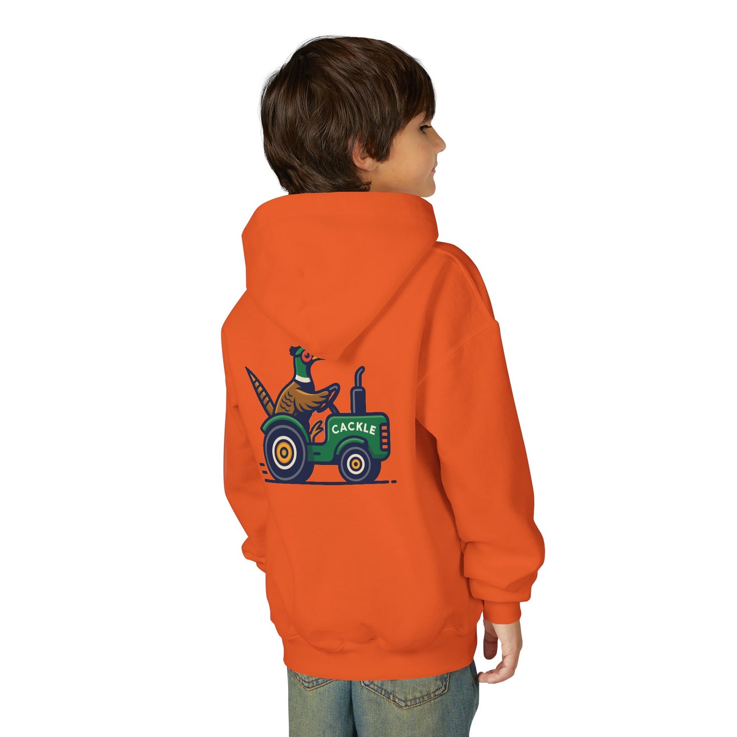 Youth Hoodie – Pheasant on Green Tractor “Cackle” Graphic