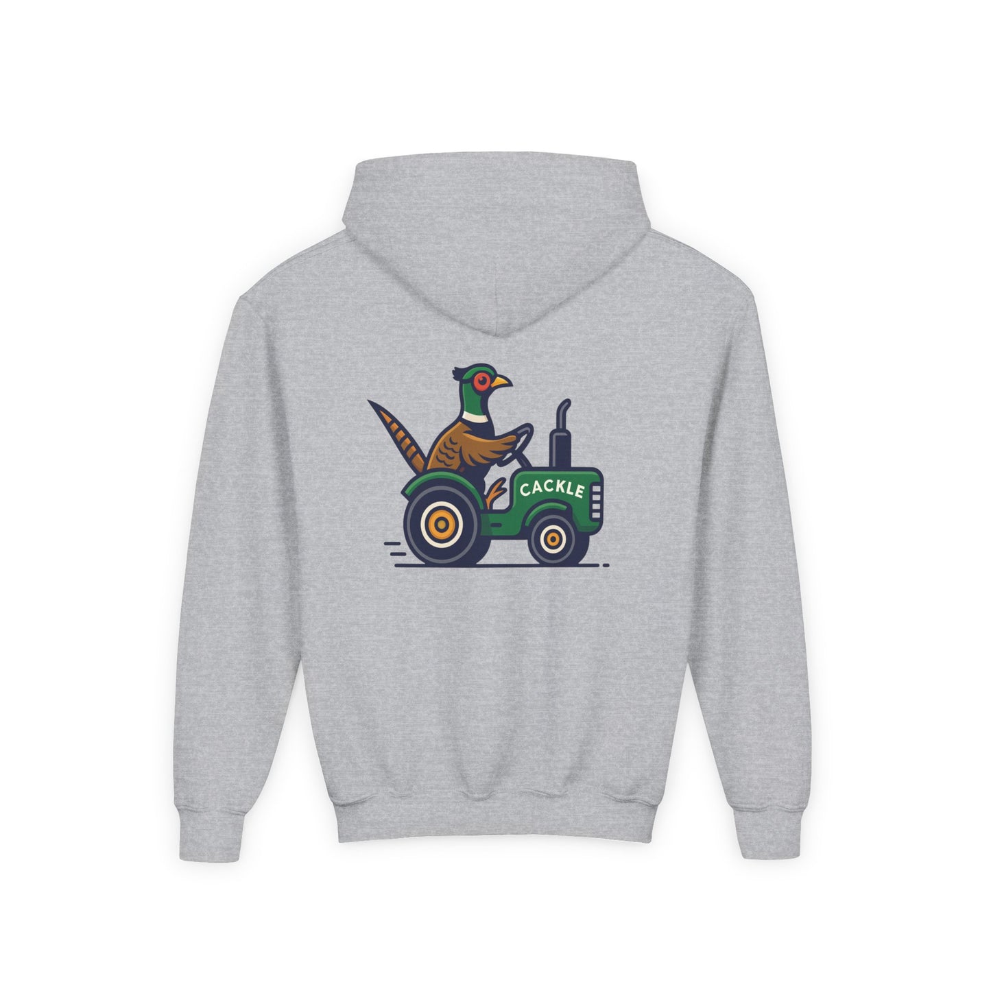 Youth Hoodie – Pheasant on Green Tractor “Cackle” Graphic