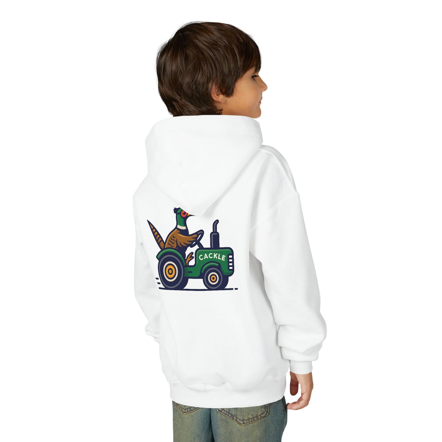 Youth Hoodie – Pheasant on Green Tractor “Cackle” Graphic