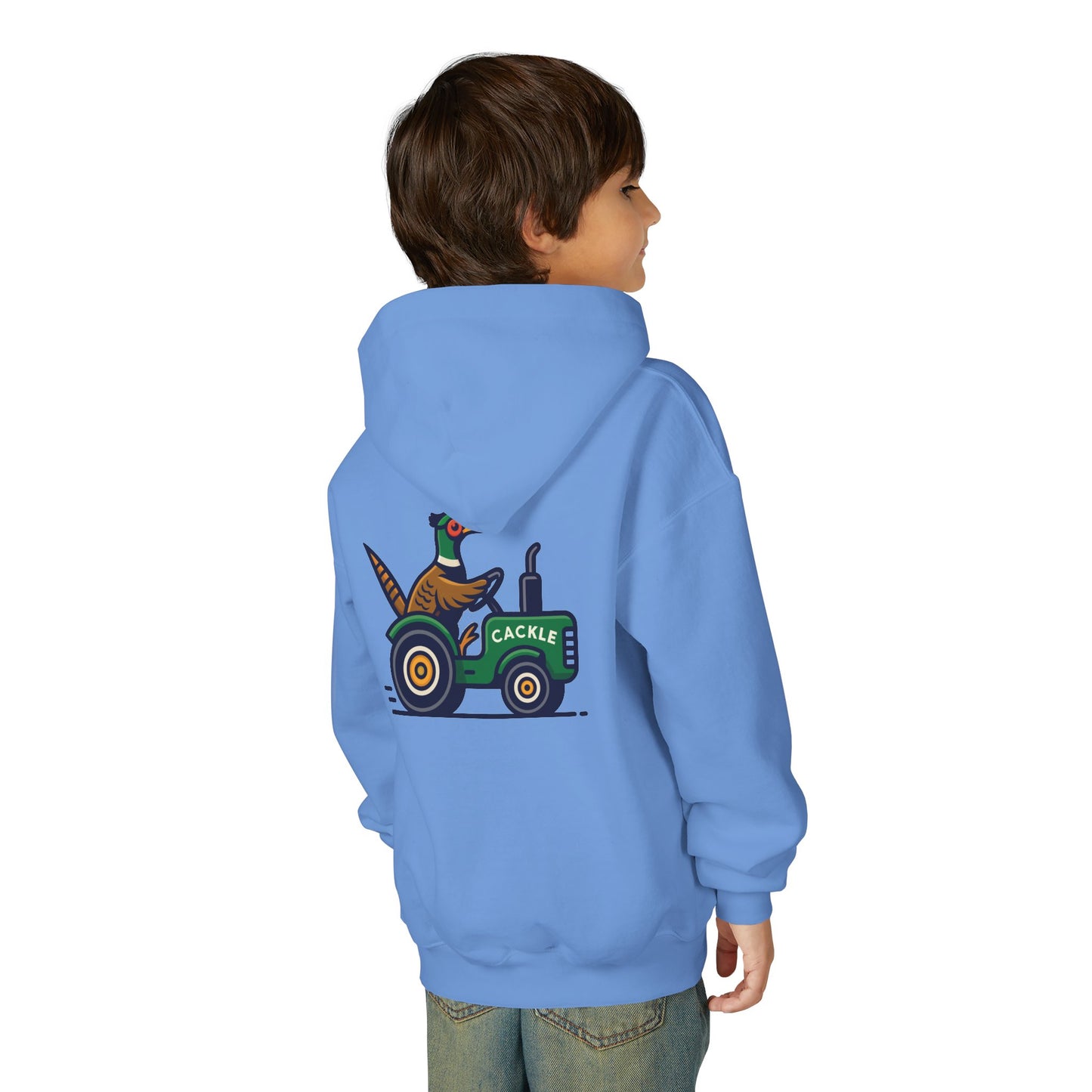 Youth Hoodie – Pheasant on Green Tractor “Cackle” Graphic